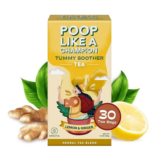 Poop Like A Champion Tummy Soother Lemon Ginger Tea, 30 Bags, Digestive Herbal Tea for Soothing Relief, Ginger Lemon Tea Bags, Organic Ingredients