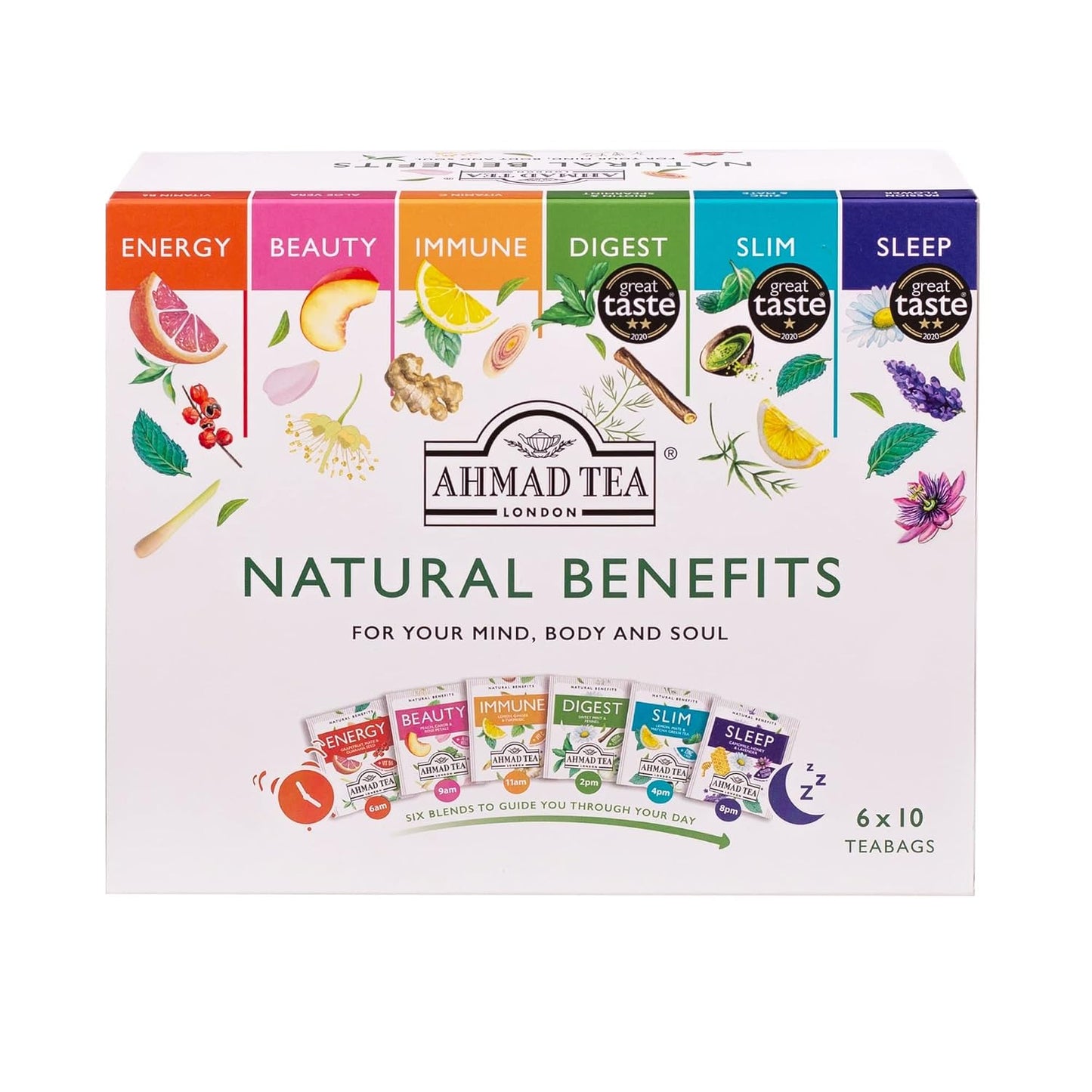 Ahmad Tea Natural Benefit Functional Tea Selection Pack, Green teas, Fruit & Herbal Infusions, Perfect herbal tea gift - 60 Teabag Sachets, 6 blends