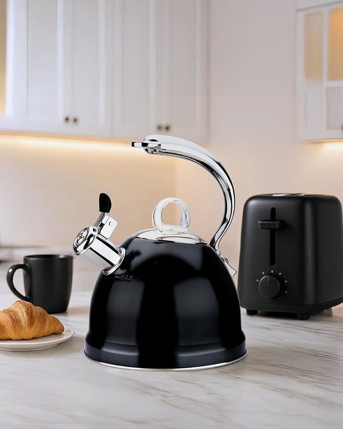 Harriet Tea Kettle Stovetop, 2.5 QT Whistling Stainless Steel Teapot, 3-Layer Base, Unique Ergonomic Handle, Includes Pot Holder & Mat