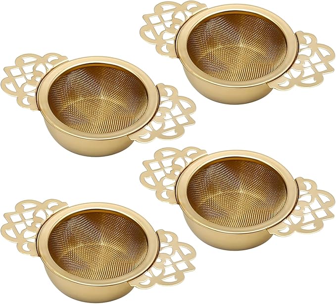 304 Stainless Steel Tea Drain Strainer Tea Filter Mesh Tea Drip Bowls Teapot Strainer With Petal Handles Tea Divider, Pack Of 4
