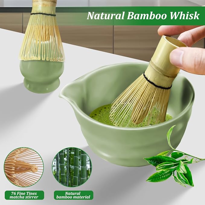 Ceramic Matcha Set Includes 17 OZ Matcha Bowl with Spout, Matcha Whisk Holder, Bamboo Whisk and Scoop, Stainless Steel Sifter - 5 Pcs Green Matcha Kit for Matcha Tea Ceremony, Gift for Matcha Lovers