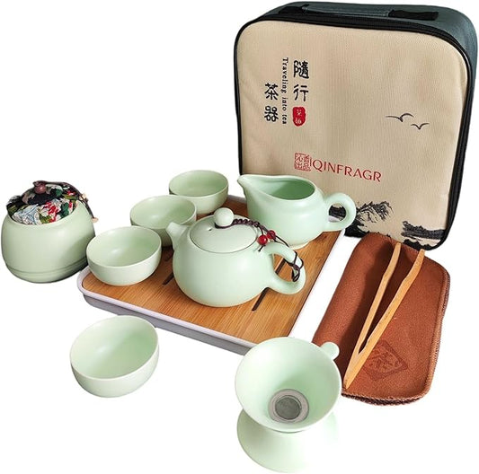 Portable Chinese Gongfu Tea Set - Handcrafted Ceramic Tea Set for Chinese/Japanese Tea Ceremony, Complete with Teapot & 4 Cups, Travel-Friendly Gift Set (Light green)