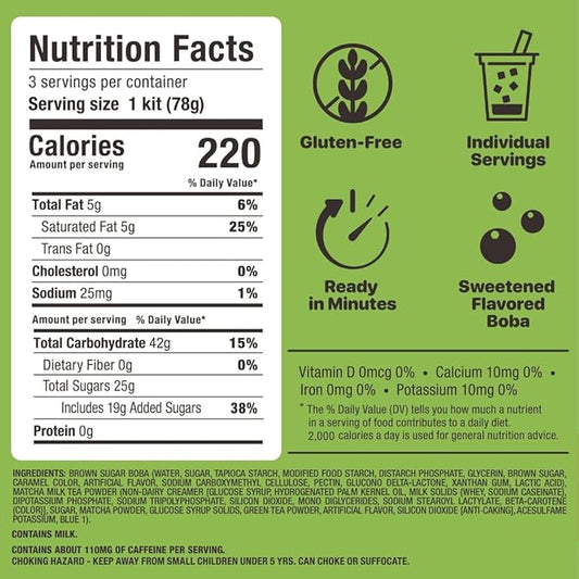 Matcha Latte Instant Bubble Pearl Matcha Milk Tea Kit with Authentic Brown Sugar Tapioca Pearls, Ready in Under One Minute, Paper Straws Included – 3 Servings Yulu Foods