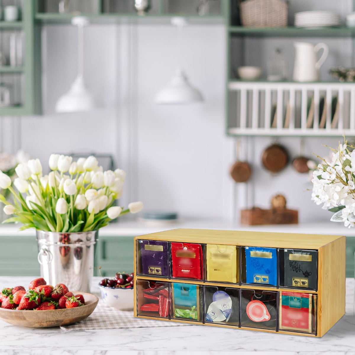 TIMIEEYA Tea Bag Organizer - Bamboo Tea Storage Organizer With Drawer 2 Layer, Tea Organizer for Tea Bags Natural Wood &