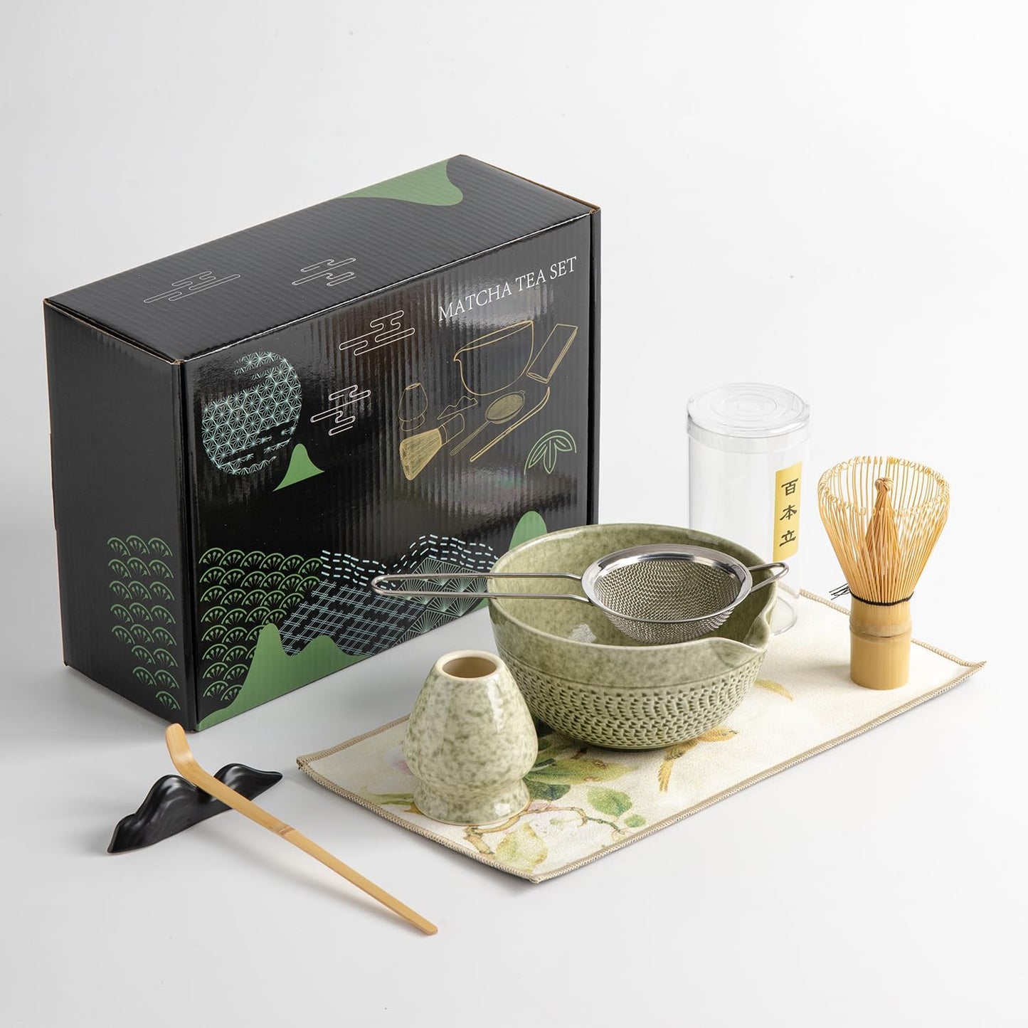 DWEHIXBUY matcha whisk set Ceremony Accessory, Matcha Whisk, Traditional Scoop (Chashaku), Tea Spoon, Whisk Holder, 1 tea bowl, 1 tea siev, 7pcs matcha set.matcha green matcha kit