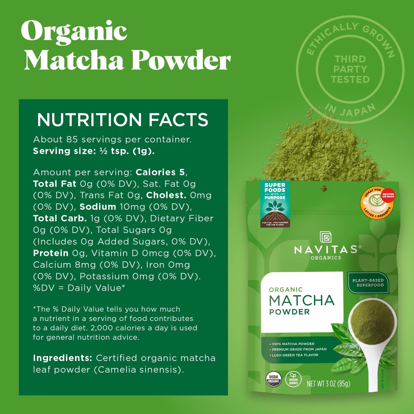 Navitas Organics Matcha Powder – For Tea, Lattes, Smoothies, Desserts &amp; More – Energy &amp; Antioxidants – Premium Culinary Grade – USDA Organic, Non GMO, Gluten Free, Kosher, Vegan (3oz. Bag 85 Servings)