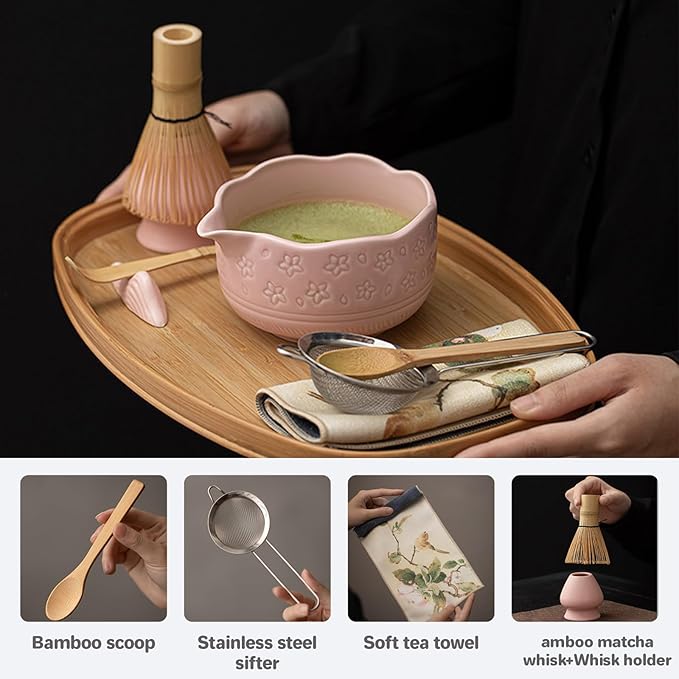 Matcha Whisk Set, 8-Piece Matcha Tea Set with Bamboo Whisk (Chasen), Ceramic Bowl (Chawan), Sifter, Scoop & Holder for Home Use (Gradient Green)