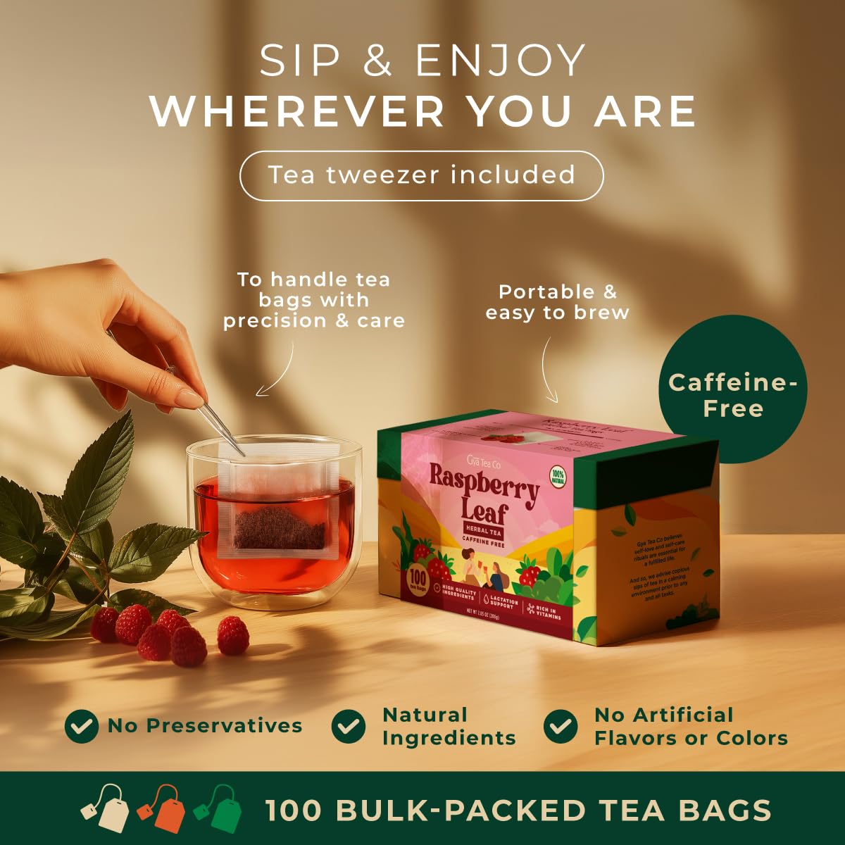 Raspberry Tea Bags 100 Count - 100% Natural Caffeine Free Herbal Tea | Sweet &amp; Smooth Flavor - Iced Fruit Tea Blend of Hibiscus - Non-GMO, Hand Harvested, Rich Antioxidants, 0 Calories