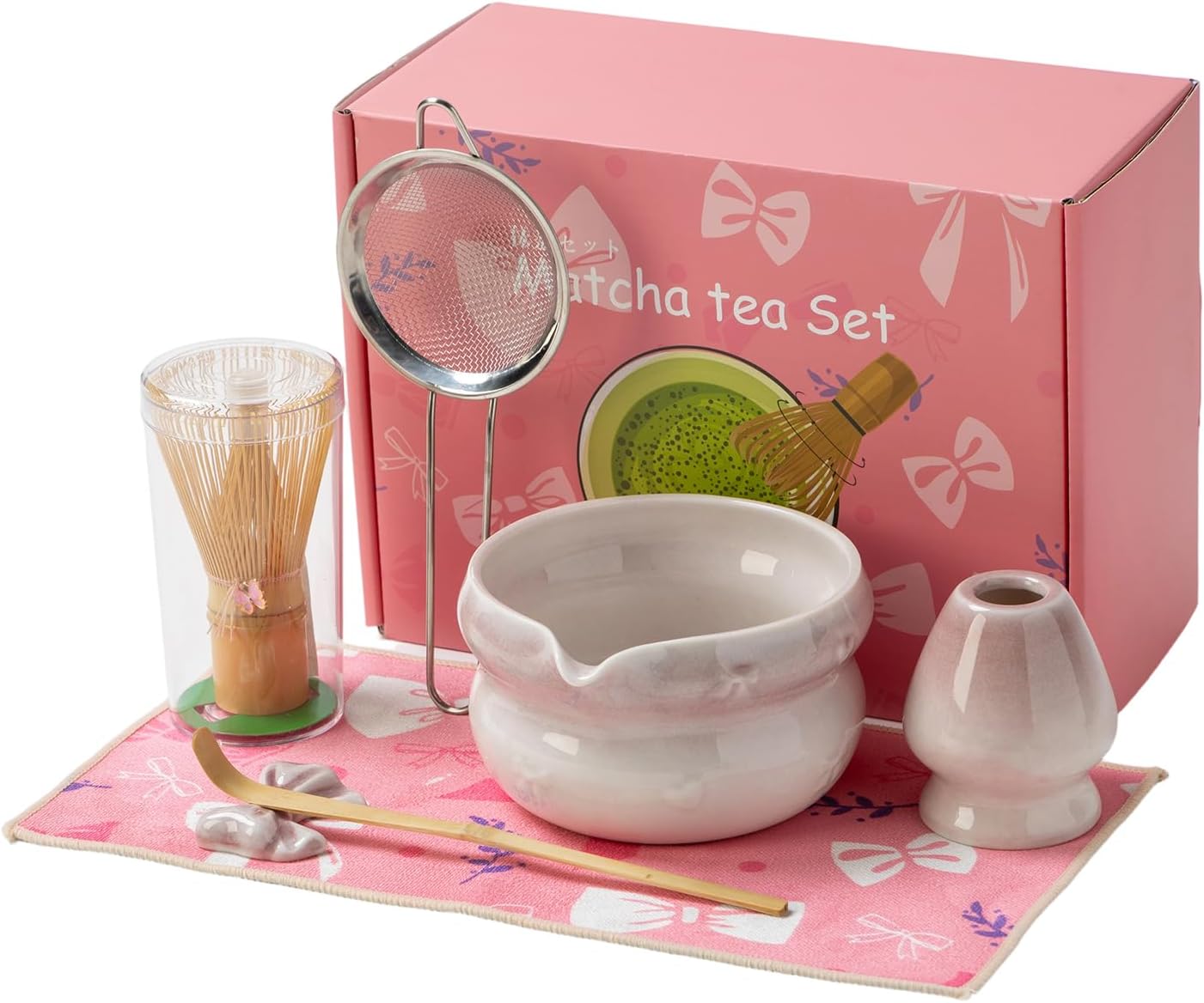DWEHIXBUY Matcha Kit 7-Pcs matcha whisk set, Measuring Spoon, Japanese Tea Making Tools,Cha, tea bowl, pink matcha set (rosy)