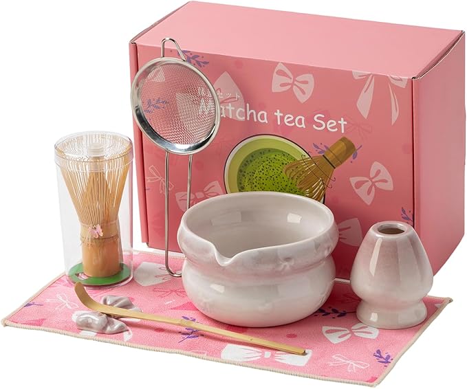 Matcha Kit 7-Pcs matcha whisk set, Measuring Spoon, Japanese Tea Making Tools,Cha, tea bowl, pink ma