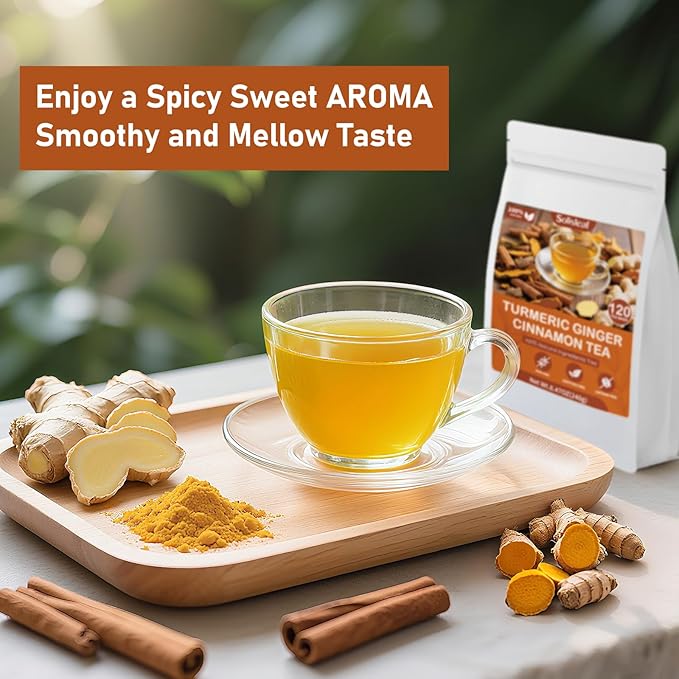 Turmeric Ginger Cinnamon Tea Bags, Pure Natural Ginger Turmeric Herbal Blend Tea with Cinnamon for Promoting Digestion, Boosts Immunity, Caffeine-Free, No Additives (1 Pack/60 Bags)