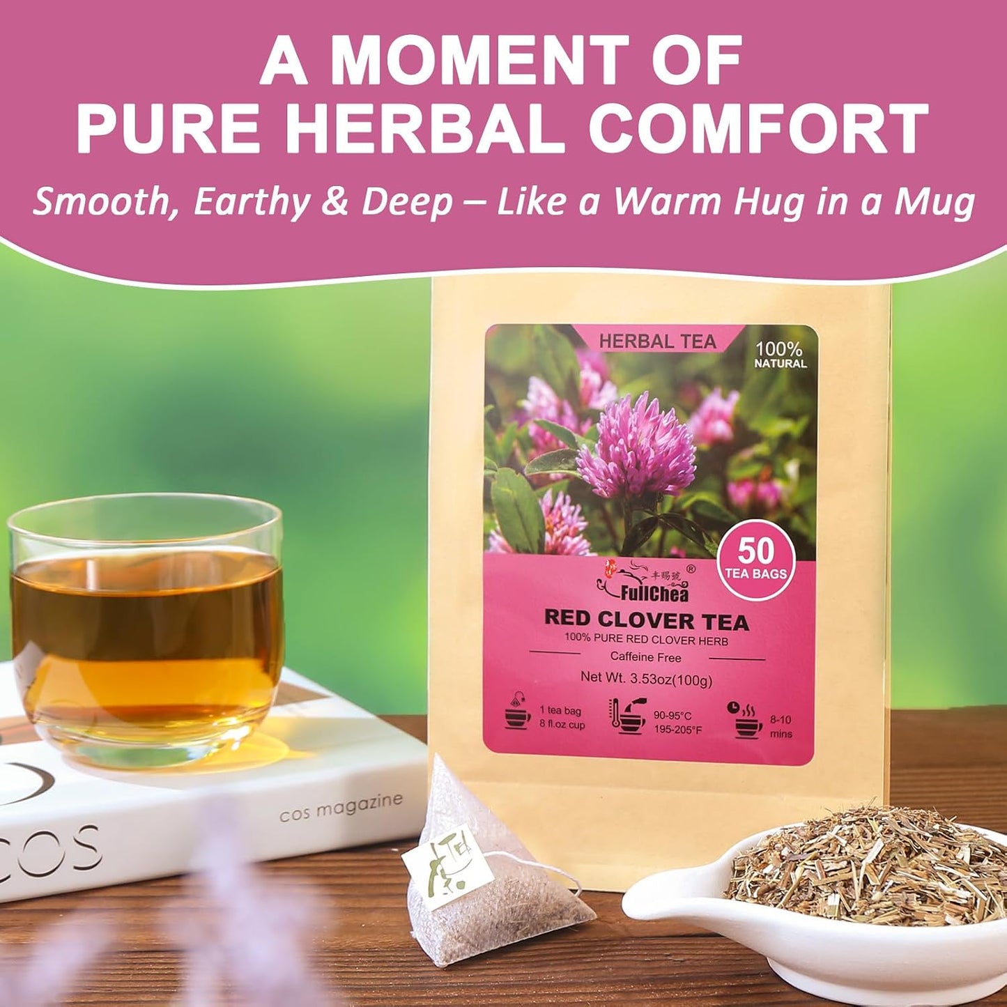 FullChea Red Clover Tea Bags, 50 Counts, Trébol Rojo, Non-GMO