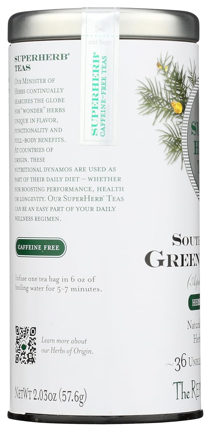 The Republic of Tea SuperHerb South African Green Rooibos Herbal Tea, 36 Ct | Caffeine Free. Suitable for day or evening sipping. Mellow with a rounded finish. USDA Organic and Gluten Free.