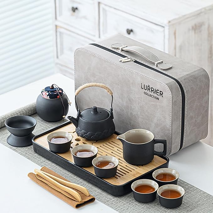 LURRIER Gongfu tea sets, Portable Ceramic TeaSet, Asian Tea sets for adult, Tea Gift sets, Grey leat