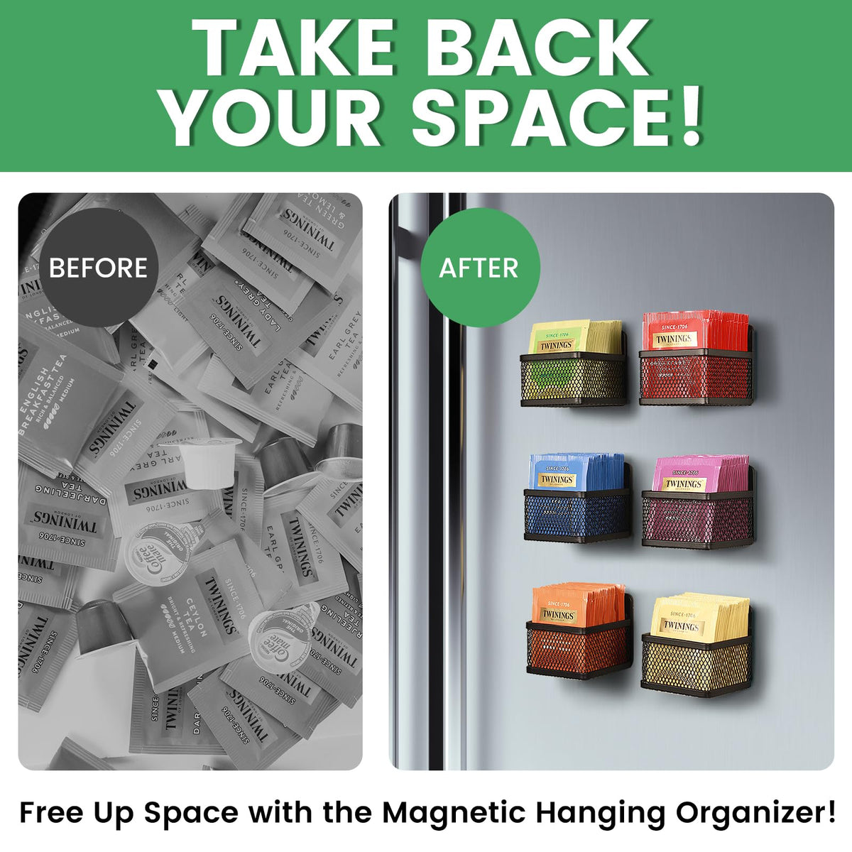 JUNLYNEST Magnetic Tea Bag Organizer - 6-Piece Metal Tea Organizer for Refrigerator, Kitchen Shelf and Counter, Stylish &
