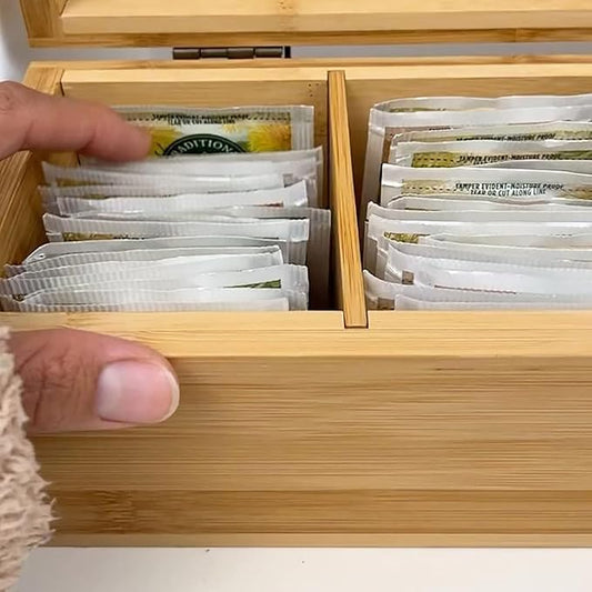 Tea Organizer Box Food Safe Bamboo Wood Chemical Free Big, Tall, Adjustable Cubbies Natural Storage Chest (4-Slot Across 14.3" x 4.4" x 4.2" with Tea