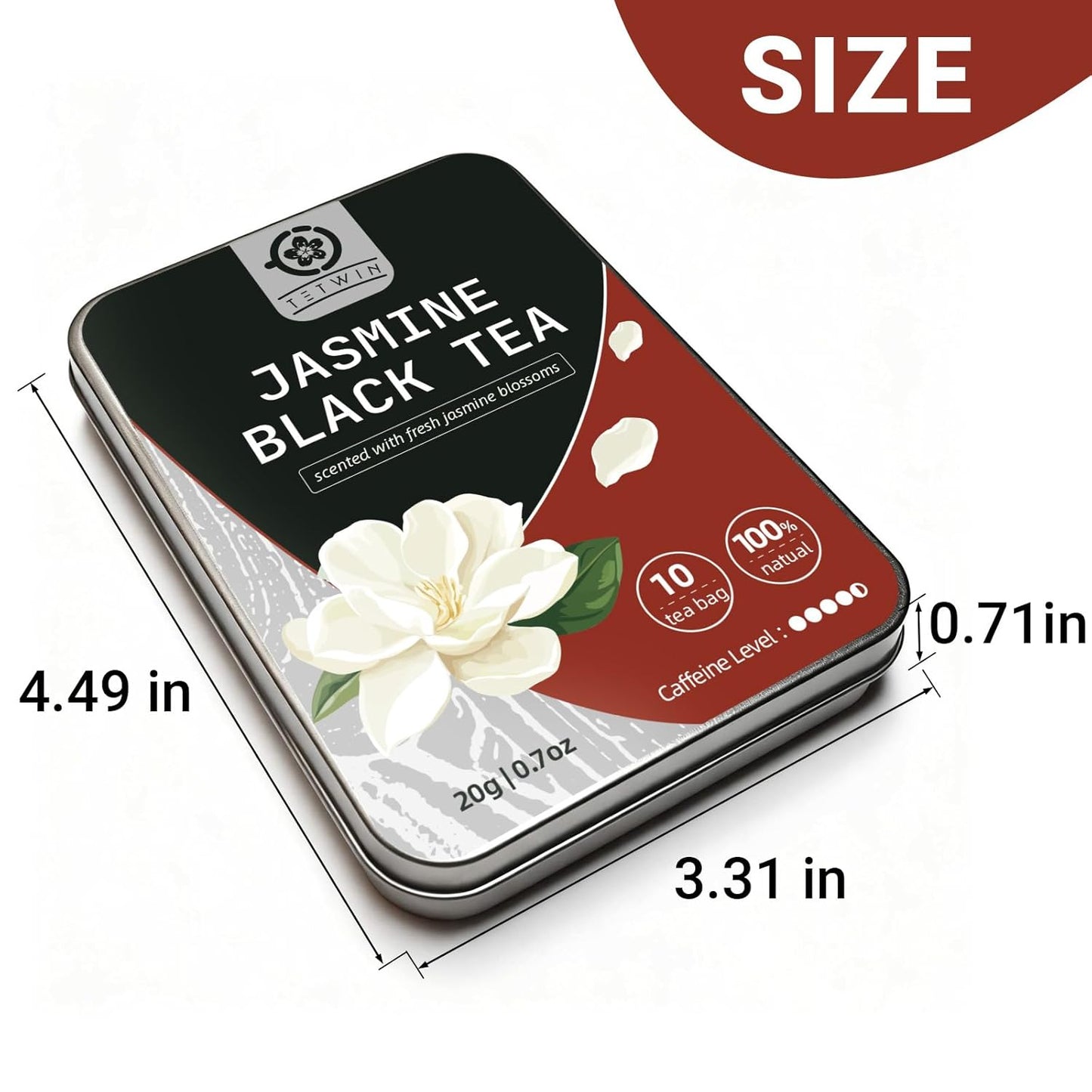 Jasmine Black Tea Bags, 3-Scented Loose Leaf in PLA teabag - Bitterness-Free, Naturally Sweet & Mellow, 10 Count Portable Tin
