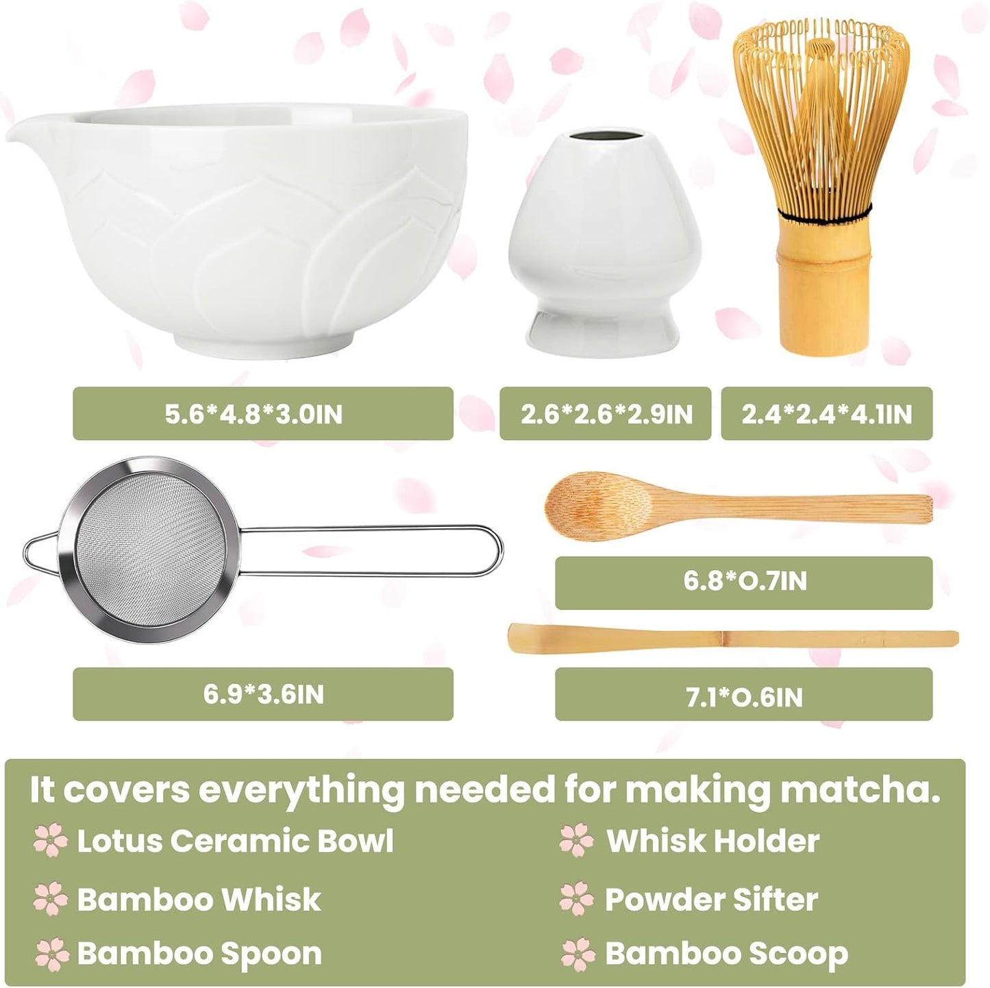 Matcha Whisk Set, Lotus White Ceramic Matcha Set Includes Matcha Bowl, Matcha Whisk (Chasen) and Holder, Sifter, Bamboo Scoop &amp; Spoon - 6 Pcs Matcha Kit for Matcha Lovers