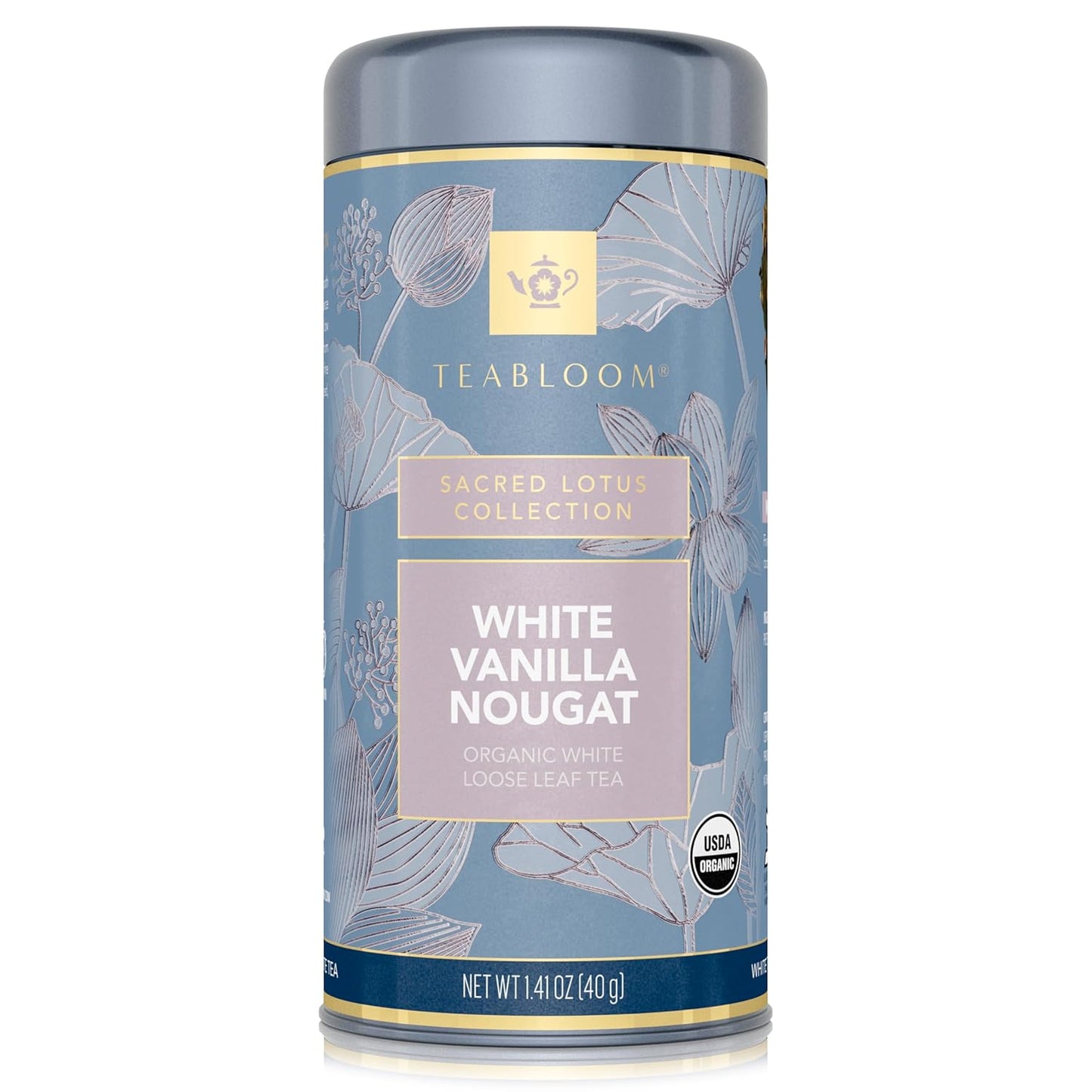 Teabloom Organic White Tea, White Vanilla Nougat Loose Leaf Tea, Sweet and Satisfying with Vanilla and Coconut, USDA Certified Organic and Kosher Certified, 1.41 oz/40 g Canister Makes 35-50 Cups
