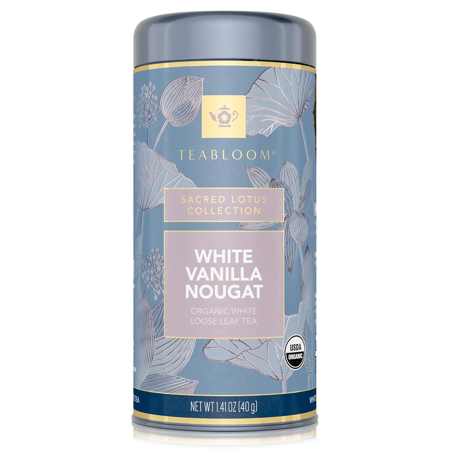 Teabloom Organic White Tea, White Vanilla Nougat Loose Leaf Tea, Sweet and Satisfying with Vanilla and Coconut, USDA Certified Organic and Kosher Certified, 1.41 oz/40 g Canister Makes 35-50 Cups