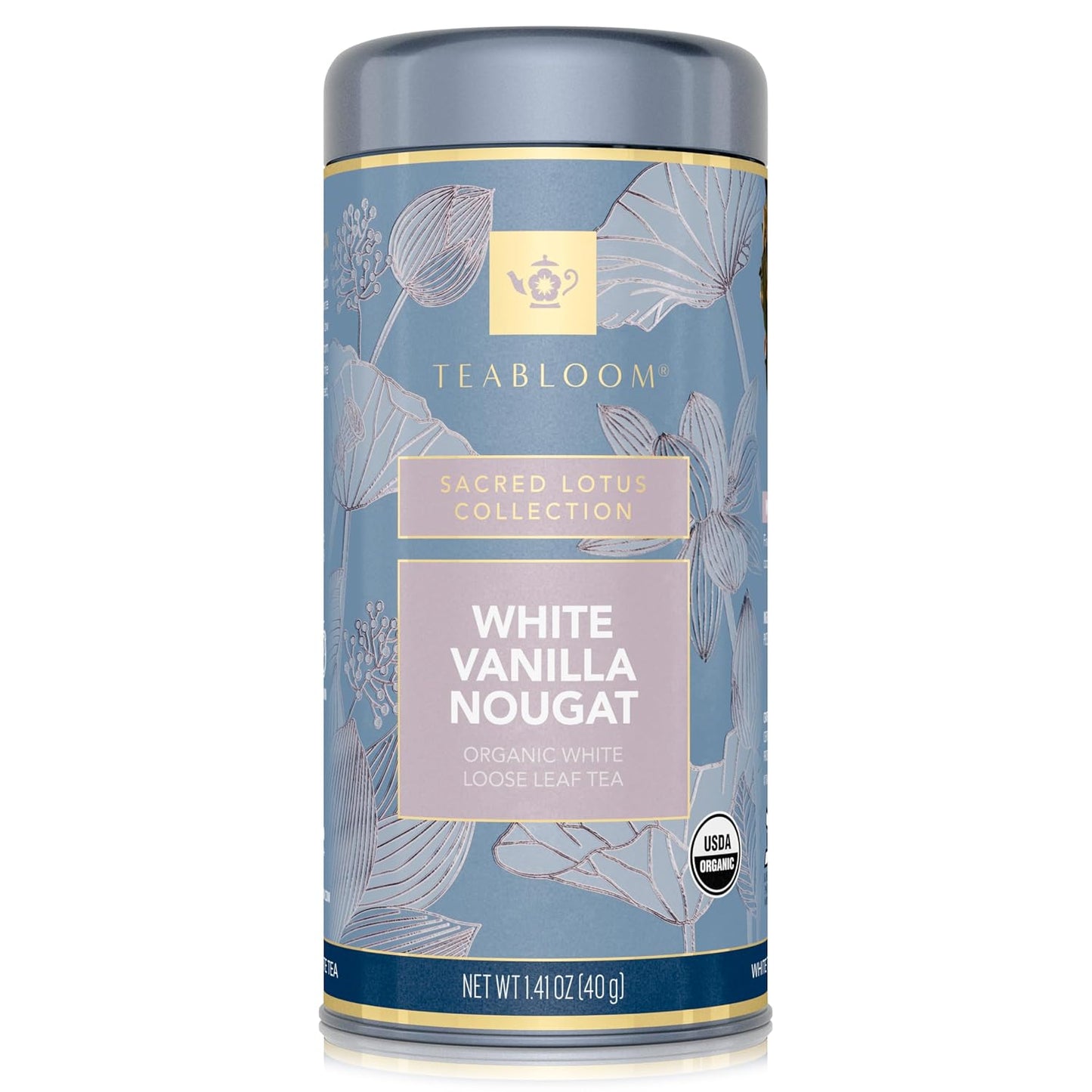 Teabloom Organic White Tea, White Vanilla Nougat Loose Leaf Tea, Sweet and Satisfying with Vanilla and Coconut, USDA Certified Organic and Kosher Certified, 1.41 oz/40 g Canister Makes 35-50 Cups