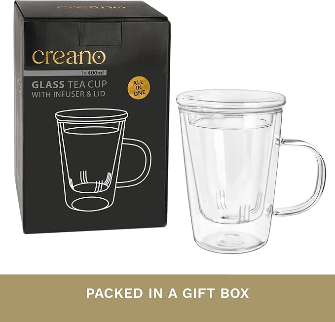 Creano Tea Glass 400 ml – Large Tea Cup with Strainer and Glass Lid – An ideal Tea Maker