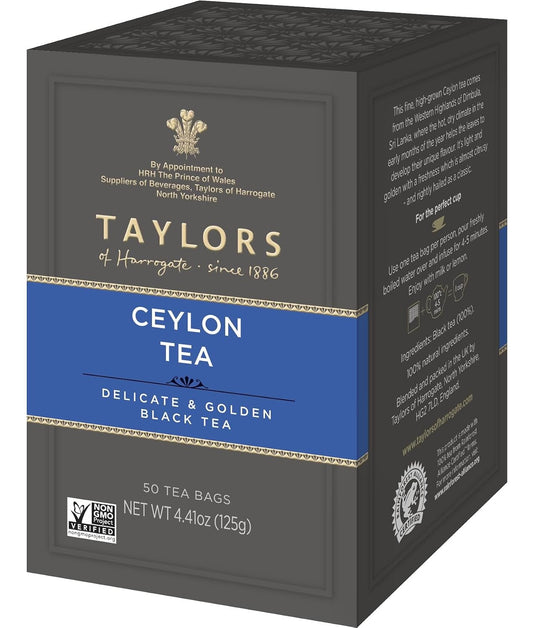 Taylors of Harrogate Pure Ceylon, Black Tea, Pillow Bags, 50 Count, Bold, Bright & Brisk, Caffeinated, Enjoy Hot or Iced, 50 Teabags