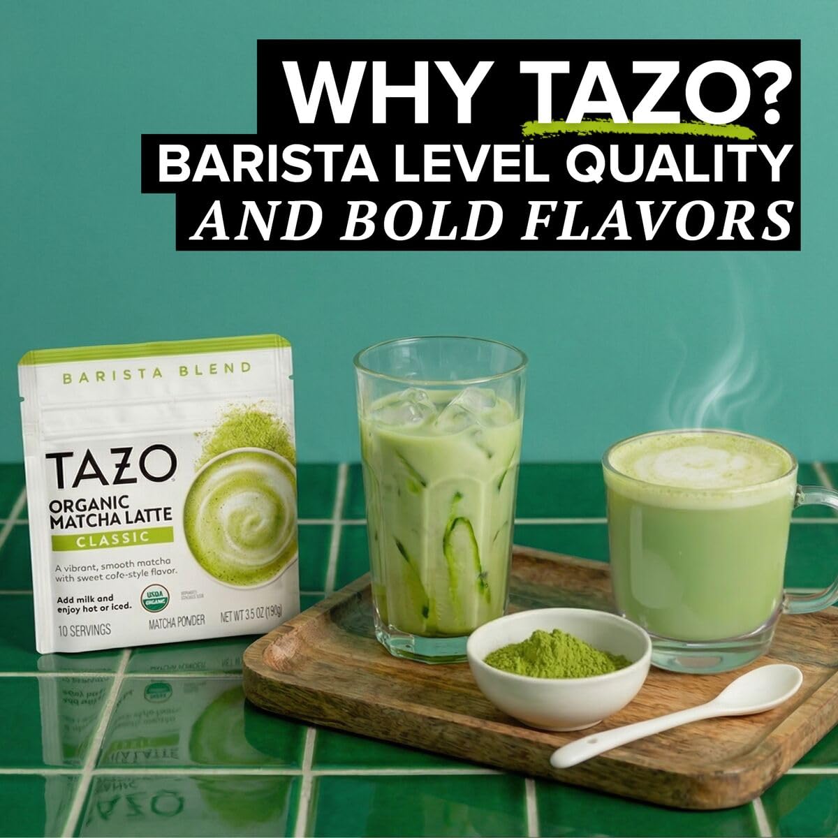 TAZO Organic Matcha Latte Powder, Sweetened,10 Servings, 3.5 oz