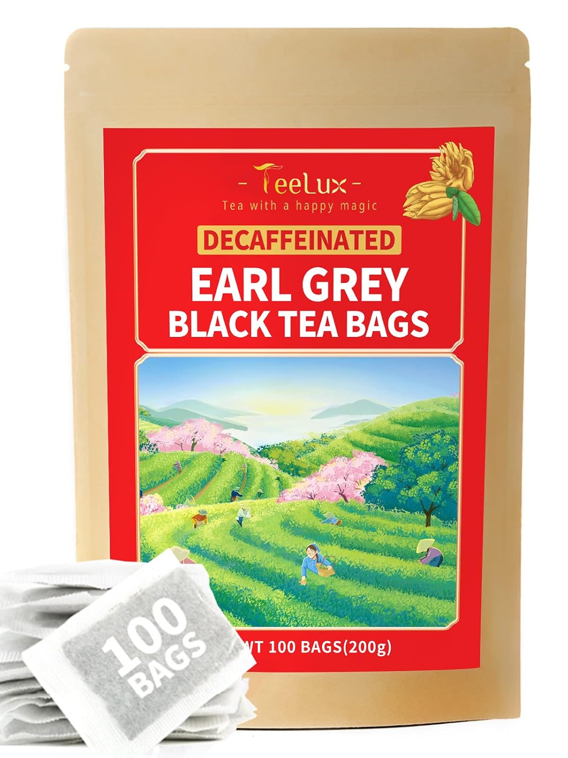 TeeLux Decaf Earl Grey Tea Bags, Decaffeinated Black Tea Blended with Natural Bergamot, Smooth & Full-Bodied, Enjoy Hot or Iced, 100 Count