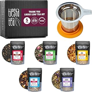 Tiesta Tea - Thank You Loose Leaf Tea Kit, Up to 50 Cups, High to No Caffeine, Hot & Iced, Tea Variety Pack with Green, Herbal, & Black, 5 Sample Pouches with Brewbasket Infuser Basket