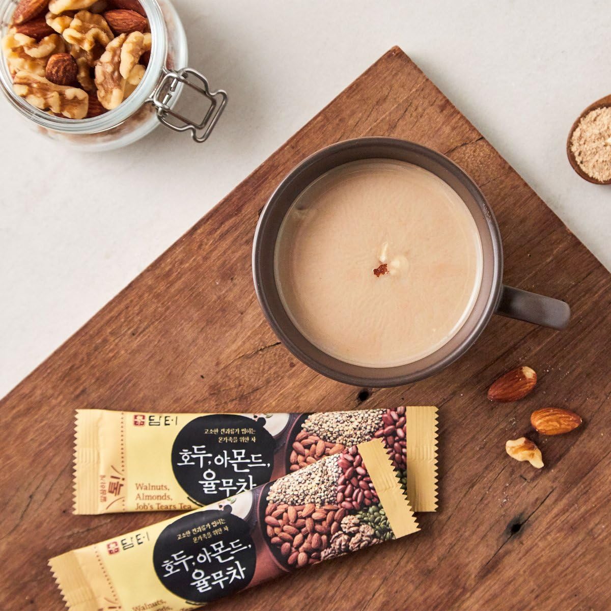 Damtuh Walnut Almond Adlay Tea Zero Sugar Drink Mix – Korean Yulmu Cha (Job’s Tears) Roasted Grain Nut Latte-Style Powder, Sweetened with Stevia, Caffeine-Free, 18g x 40 Sticks