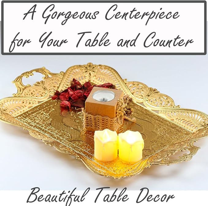 Gold Turkish Coffee Tea Serving Tray Table Home Decor Decorative Handle - Gold Vintage Brass Fancy Rectangle Style Traditional Rustic Bar Outdoor