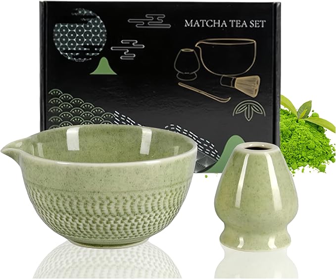 Matcha Bowl with Pour Spout-Japenese Hand Made Porcelain-Perfectly Whisked Matcha Powder/Tea/Fruit/Soup-Chawan -Ceramic Matcha Cup - Matcha Accessories-500ml/18 Ounce-Matcha Green/2pcs