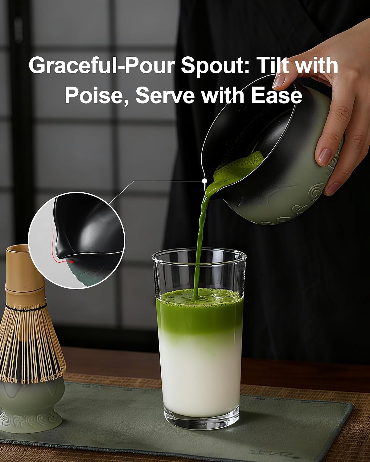 ZENS Premium Matcha Whisk Set, 5pcs Matcha Kit with Matcha Tools, Green | Matcha Kit Icludes Matte Ceramic Bowl, Bamboo Whisk, Chasen Holder, Scoop, 304 Sifter and Tea Mat, Matcha Lovers Gifts