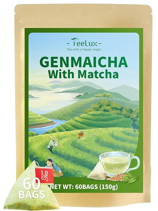 TeeLux Genmaicha Tea Bags, Genmai Cha with Sencha Green Tea, Matcha and Roasted Brown Rice, Premium Genmai Cha, Smooth Taste, 60 Count