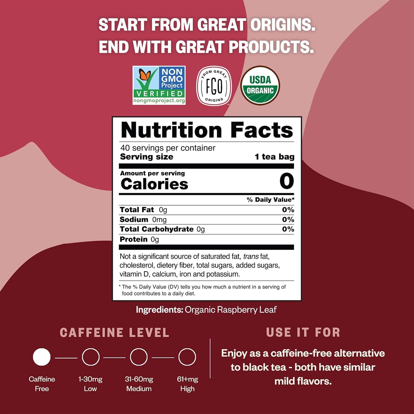 FGO Organic Red Raspberry Leaf Herbal Tea, 40 Count, Eco-Conscious Tea Bags, Caffeine Free (Pack of 1)