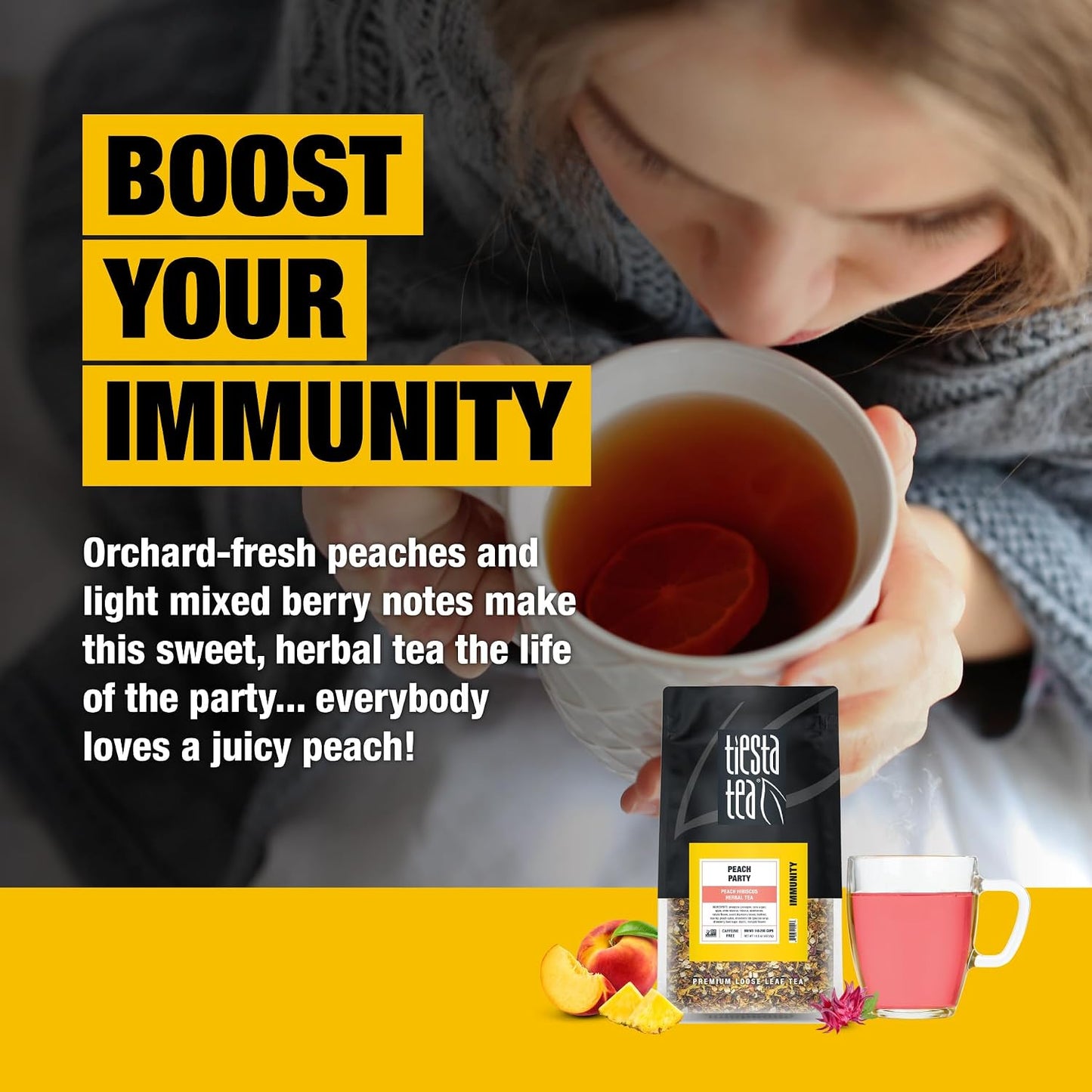 Tiesta Tea - Peach Party, Peach Hibiscus Herbal Tea | Premium Loose Leaf Tea Blend, Non-Caffeinated Fruit Tea, Make Hot or Iced &amp; Up to 200 Cups, 16 oz Resealable Pouch