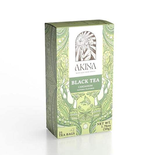 Akina Single-Origin Cardamom Black Tea Bags | 100% Naturally Flavored Tea, Kenyan Origin, Gourmet, beverage, Support Digestive Health and Heart Health (25 String & Tag Bags, 50g)