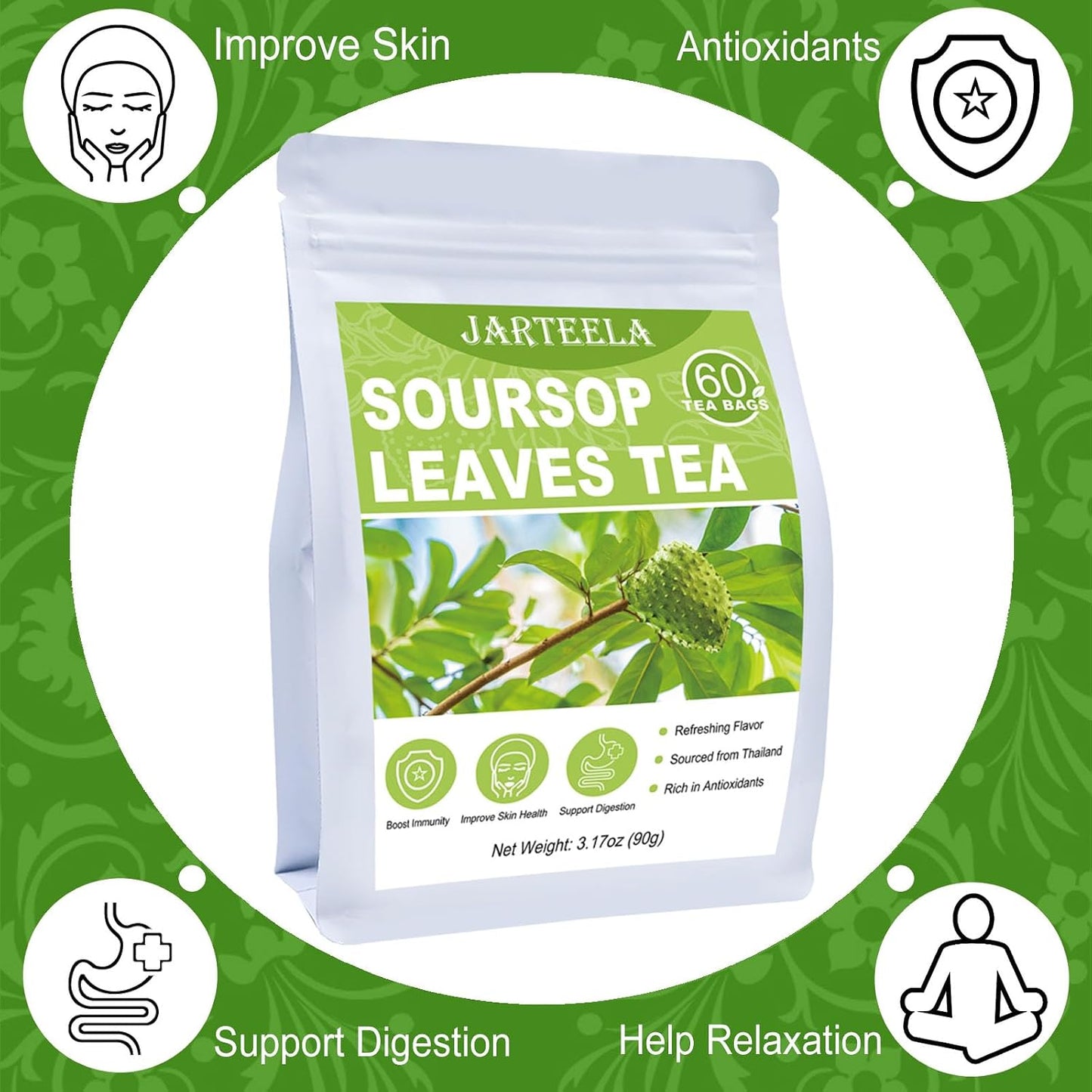 Jarteela - Soursop Tea Bag, 60 Ct, Pure Graviola Tea Soursop Leaves Teabags | Pure soursop leaves tea, supports gentle digestion and helps maintain healthy-looking skin. Caffeine-free, Non-GMO