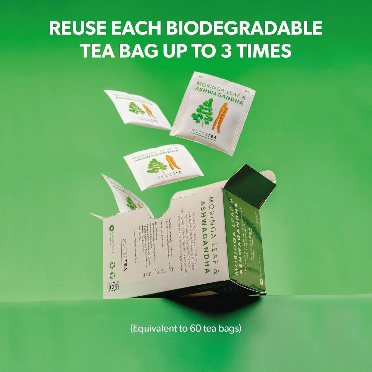 Nutra Tea - Moringa Leaf &amp; Ashwagandha – Moringa Tea Bags, Ashwagandha Tea Bags - For Mood Support and Stress Relief - 40 Individually Wrapped Bags - Herbal Infusion (2 Pack)
