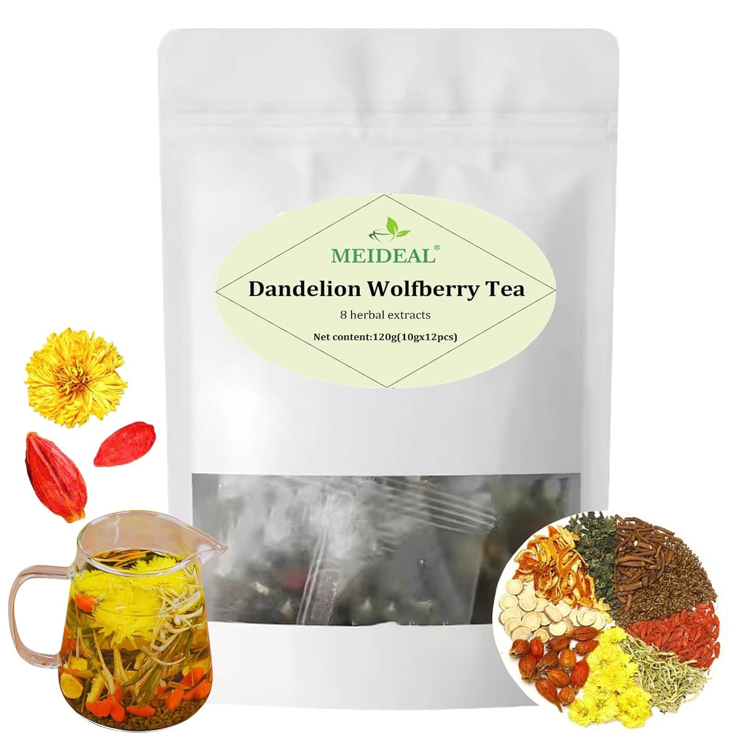 Dandelion Wolfberry Tea, 8 Natural Herbal Ingredients, Dandelion Teabag Organic, Natural Chinese Wolfberry Tea Bags, Chrysanthemunn Cassia Seed (1 Bag 12 Pcs)