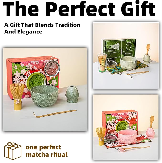 Matcha Whisk Set with Matcha Bowl, Matcha Bamboo Whisk, Scoop, Sifter, Matcha Whisk Holder Unique Gifts for Friend Home Kitchen Decor Gifts for