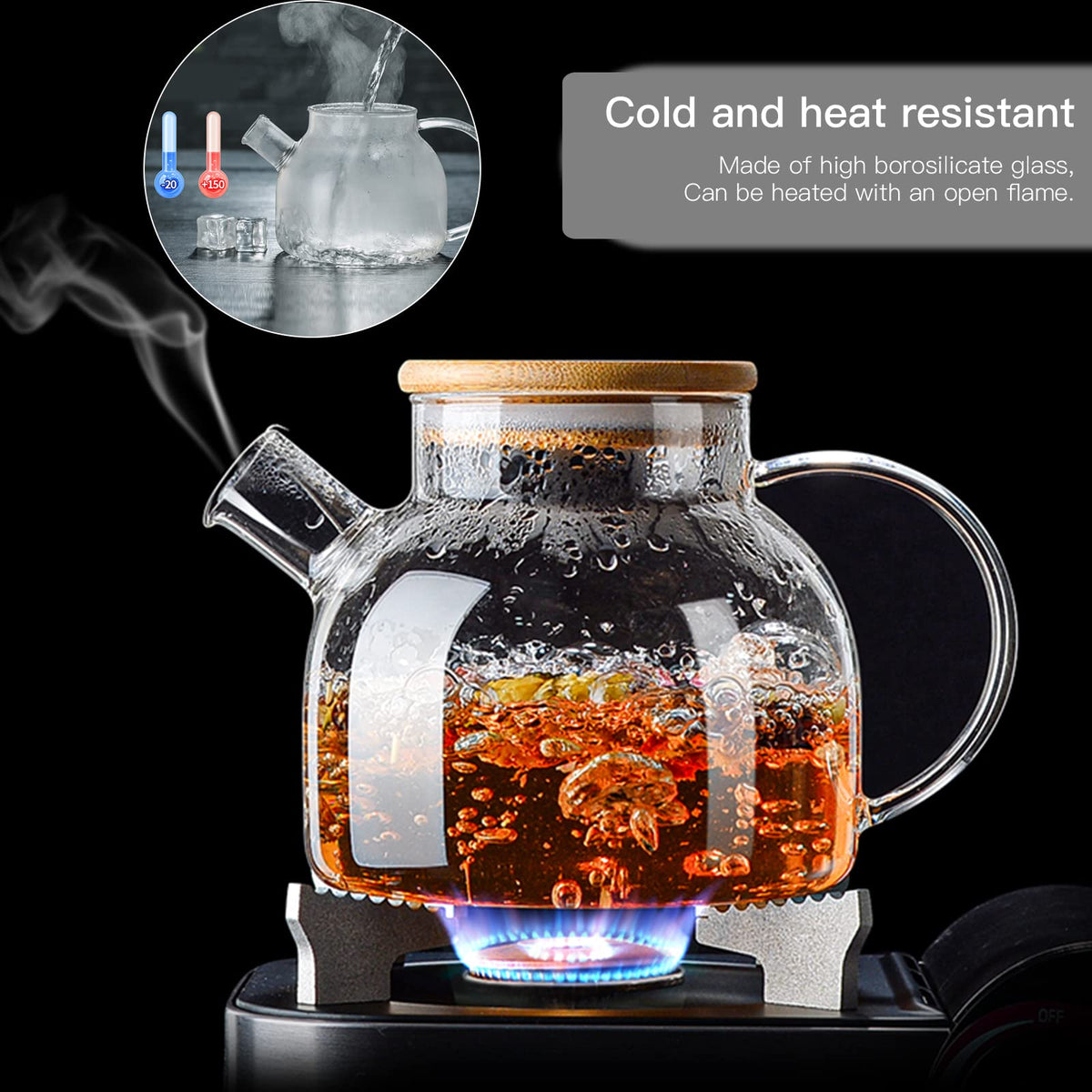 JOUALY Glass Teapot 34oz/1000ml, Stovetop & Microwave Safe Borosilicate Tea Pot,Clear Teapot with Strainer, Glass Tea Kettle