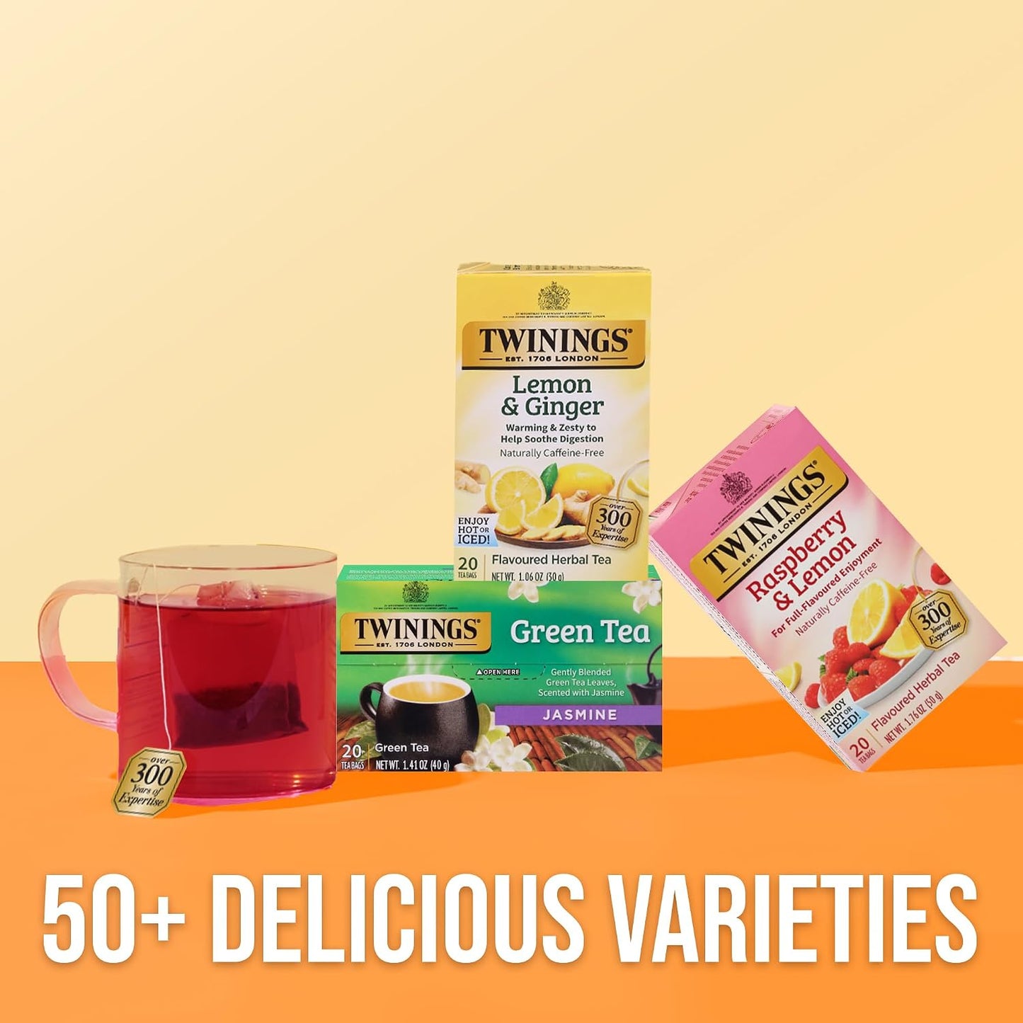 Twinings Raspberry &amp; Lemon Herbal Tea Bags, 20 CT Box (1 Pack) | With Hibiscus, Rosehips, Blackberry Leaves, Rose Petals, Naturally Caffeine-Free, 20 Foil Lined Individually Wrapped Bags