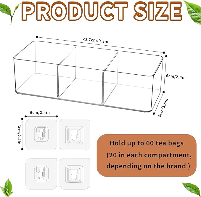 Tea Bag Organizer - Holds 60 Tea Bags, 3 Compartments, Transparent Design, Tea bag Holder Hooks for Storage Cabinet and Kitchen Pantry (1)