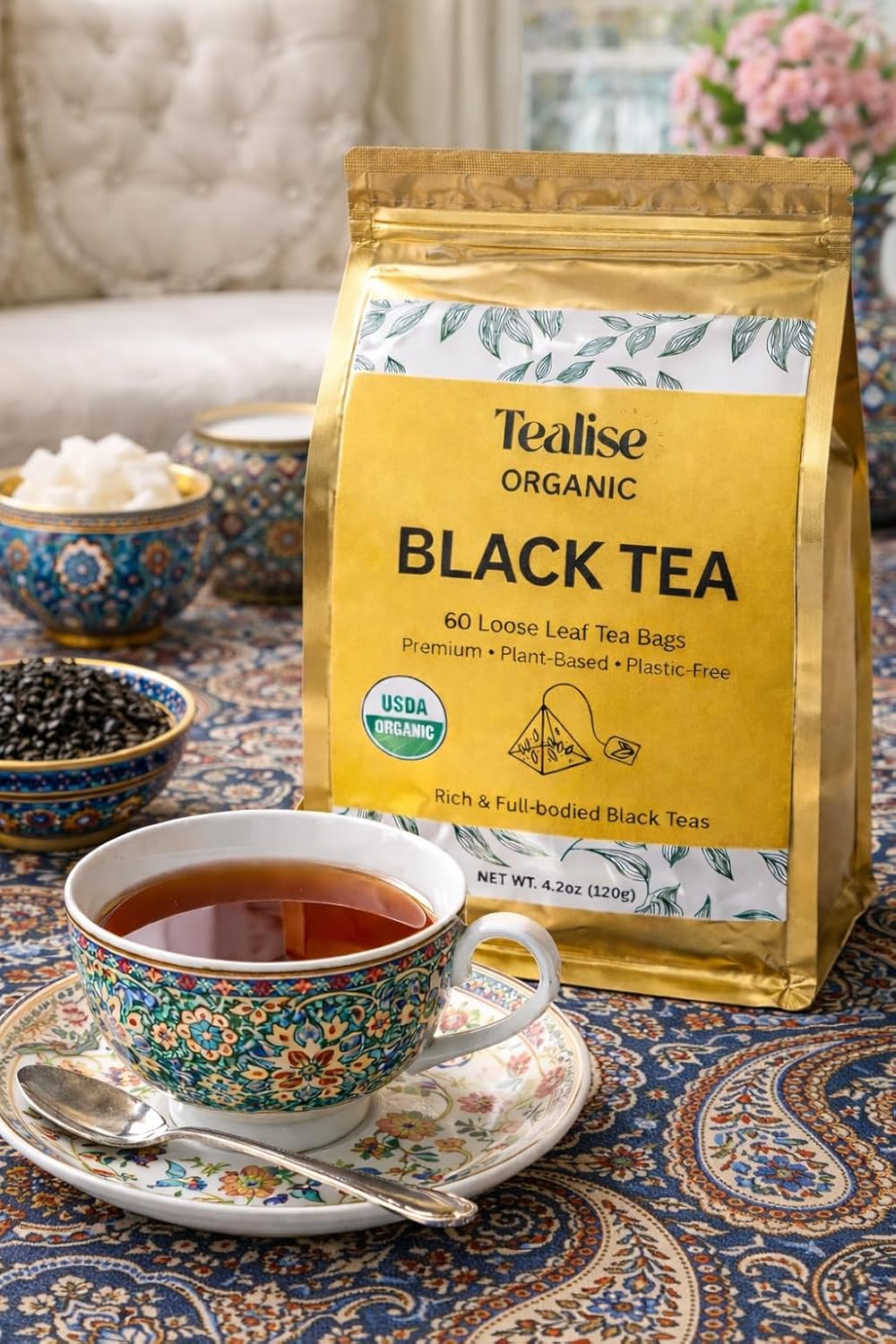 Organic Black Tea Plant-Based & Plastic-Free Tea Bags 60 Servings Premium Whole Leaf Loose Tea by Tealise