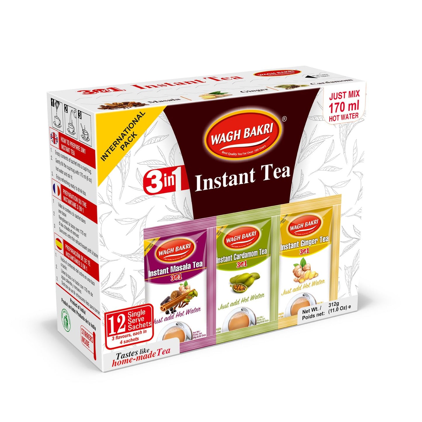 Wagh Bakri Instant Tea Premix, Masala, Cardamom & Ginger - 4 Sachets Each, Total 12 Sachet [International Pack]