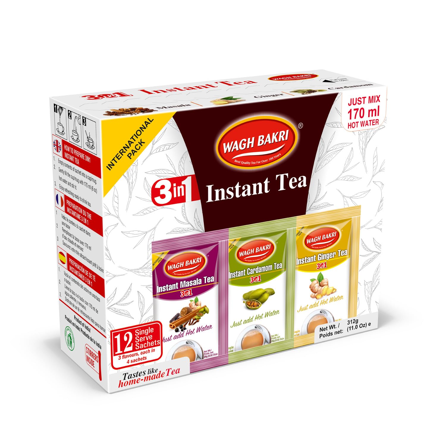 Wagh Bakri Instant Tea Premix, Masala, Cardamom & Ginger - 4 Sachets Each, Total 12 Sachet [International Pack]