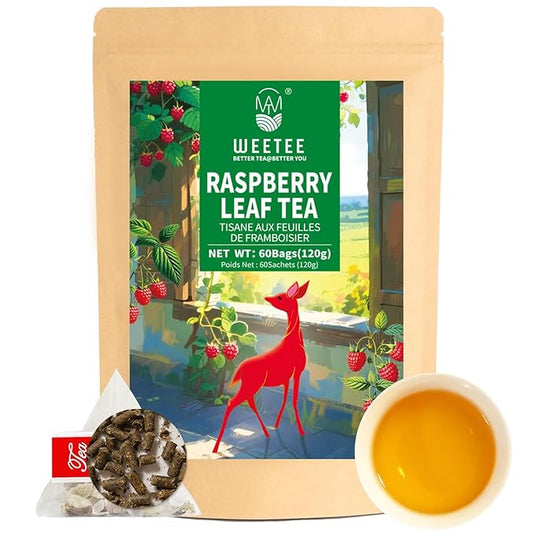 WT Weetee Red Raspberry Leaf Tea Bags, 60 Count Corn Fibre, Pure Cut & Sifted Raspberry Leaves, No Sugar, No Caffeine, Natural Herbal Tea