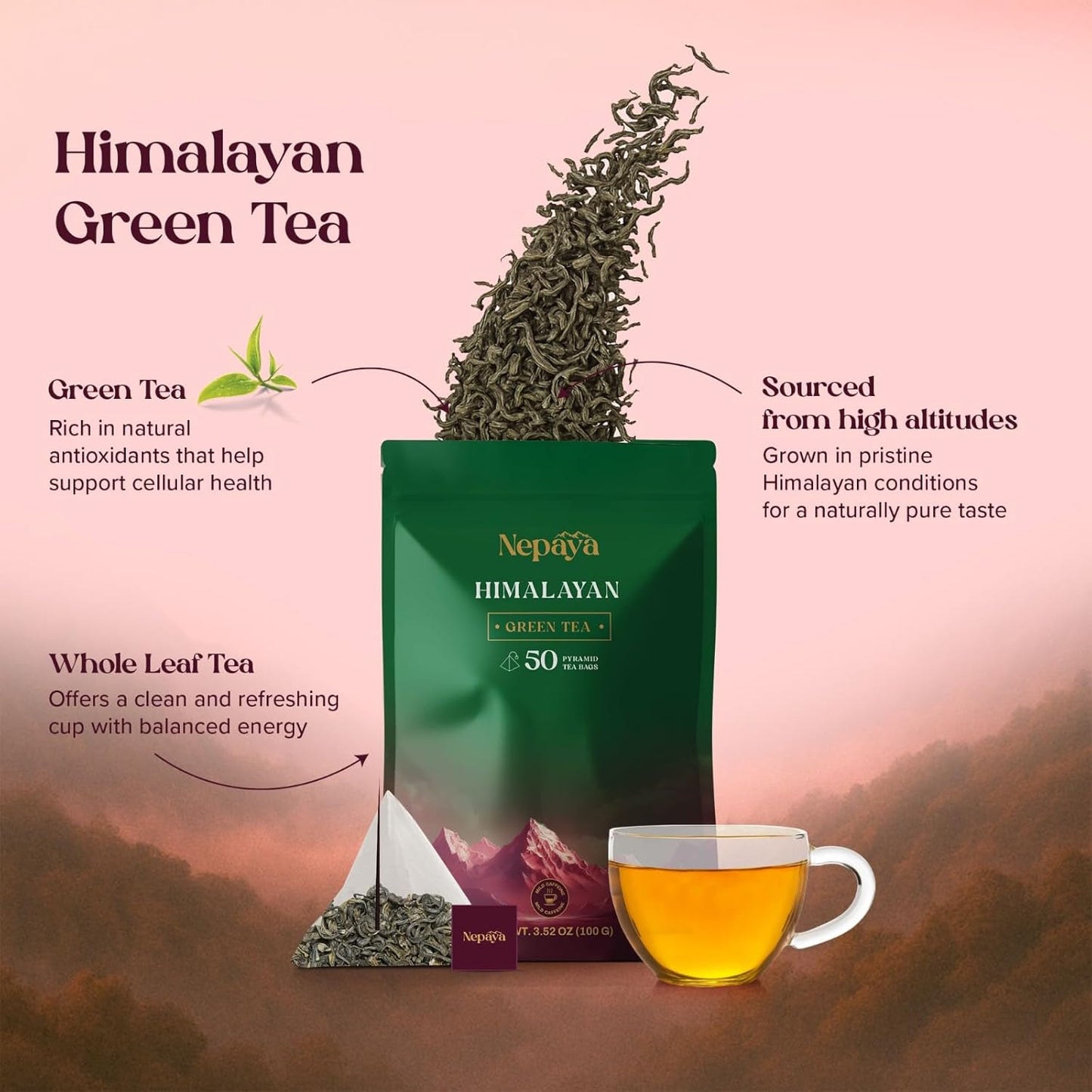 Nepaya Himalayan Green Tea Bags, High Grown Pure Green Tea, Low Caffeine, Smooth & Refreshing Taste, 50 Biodegradable Pyramid Tea Bags, Whole Leaf Green Tea for Hot or Iced Tea, Fresh & Natural Flavor